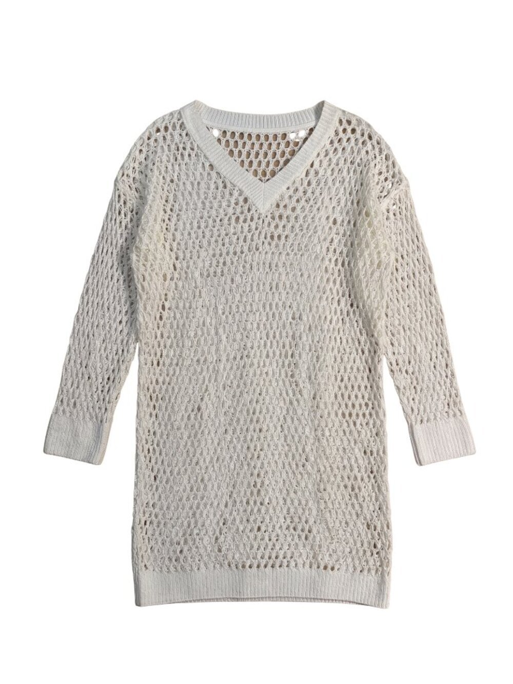 NWT | White Open-Knit Crochet V-Neck Long Sleeve Swimsuit Cover-Up Medium